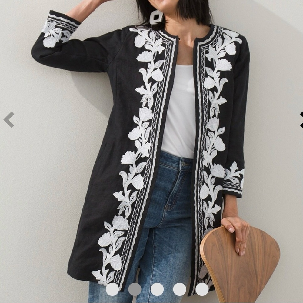 Chico’s Floral Black & White Linen Jacket Size 2 (12/14) NWT